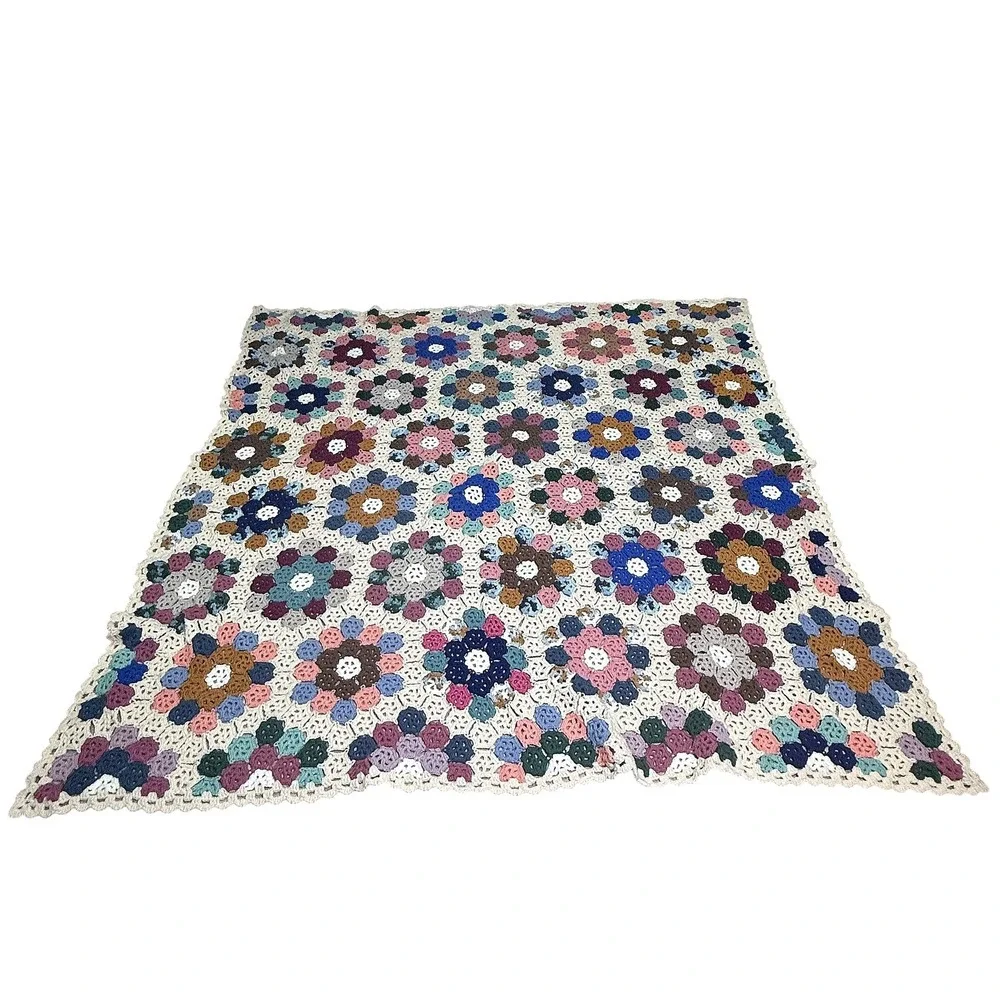 Vintage Handmade Crochet Granny Square Blanket Throw Floral Multicolor 75